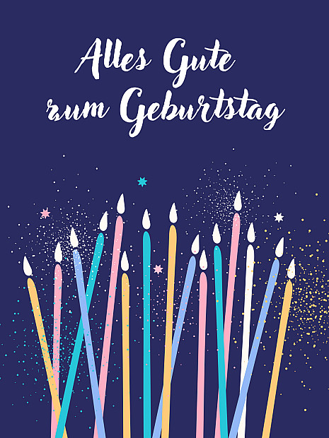 Das Bild zeigt einen dunkelblauen Hintergrund mit dem weißen Schriftzug „Alles Gute zum Geburtstag“ im oberen Bereich. Darunter sind mehrere bunte Kerzen mit Flammen in einem dichten Arrangement dargestellt.